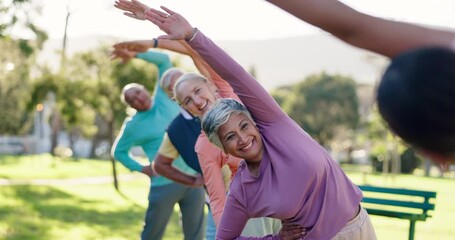 Sticker - Coach, stretching arms or old people in park for fitness or body mobility in outdoor workout. Group, trainer or friends in warm up together for training, exercise or retirement community in nature