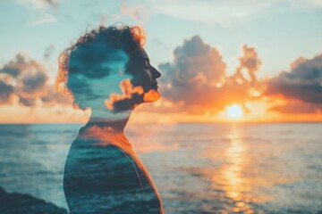 Wall Mural - Serene Senior Engaging in Deep Breathing by Vibrant Ocean - Double Exposure Calmness in Nature