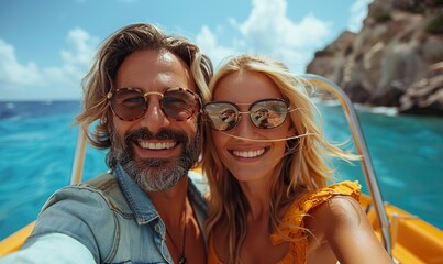 A happy couple snaps a selfie while driving a convertible car on vacation, enjoying a fun road trip with friends.