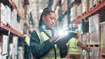 Canvas Print - Counting, stock or storage and woman with tablet in warehouse for commercial shipping or distribution. Delivery, ecommerce and inspection with employee in supply chain facility for online logistics