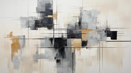 Wall Mural - A painting of a cityscape with a lot of black and white lines