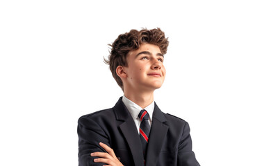 Wall Mural - Portrait of a handsome high school boy smiling and looking up, isolated on transparent background