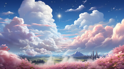 Canvas Print - Fantasy Cityscape with Pink Blossoms and Clouds