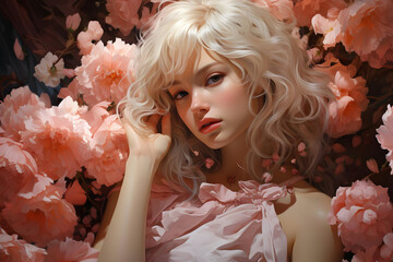 Wall Mural - Blond Woman in a Sea of Pink Flowers