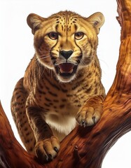 Wall Mural - Cheeta in a tree on a neutral white background 