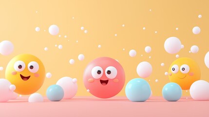 Colorful 3D cartoon spheres with smiling faces, surrounded by floating bubbles on a pastel background, evoking joy and playfulness.