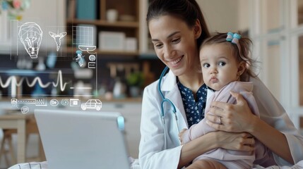 A female doctor smiles while holding a baby and looking at a laptop screen.