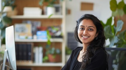 A young Indian woman smiles while sitting in her office.