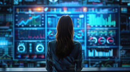 Wall Mural - Businesswoman Analyzing Big Data on Large Screen in Monitoring Room: Charts, Graphs, Infographics, Technical Neural Data and Statistics