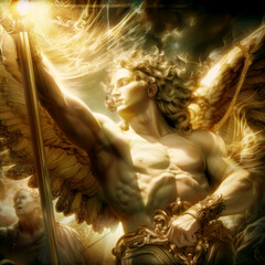 Graphic and biblical representation of the Archangel Michael. AI generativ.