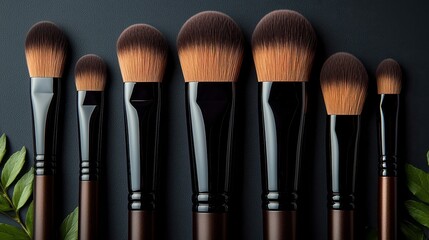 Wall Mural - A collection of professional makeup brushes with sleek black handles and soft bristles, elegantly arranged on a dark textured background.