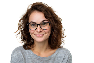 Confident woman with joyful expression, wearing glasses, isolated on white background