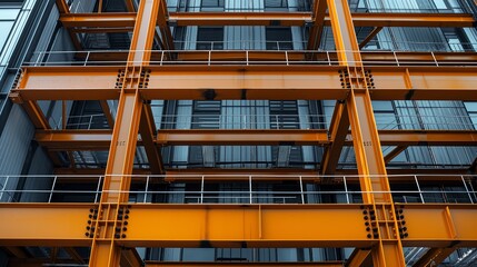 Modern industrial metal structure with orange steel beams and glass reflections