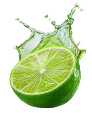 Fresh lime slice splashing with juice against a white background, showcasing vibrant green citrus and refreshing summer theme.