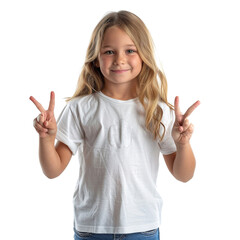 Wall Mural - A young girl is wearing a white shirt with a peace sign on it. She is smiling and holding her hands up in the air, as if she is making a peace gesture. Concept of innocence and positivity