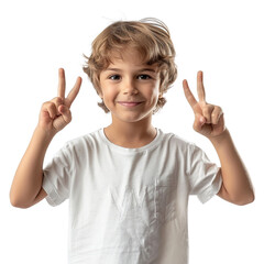 Wall Mural - A young boy is smiling and holding up his hands in a peace sign