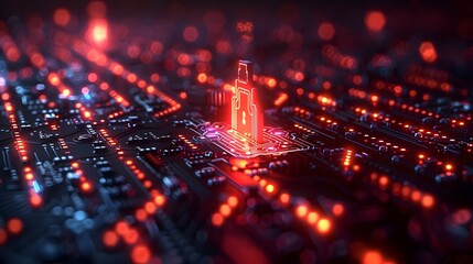 A computer chip with a red light on it