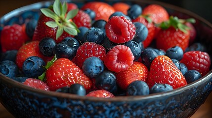 A bowl of mixed berries including blueberries and raspberries