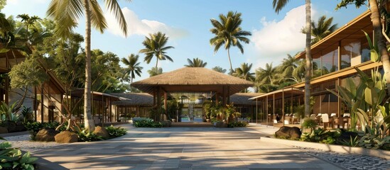 Canvas Print - Tropical Resort Entrance with Palm Trees