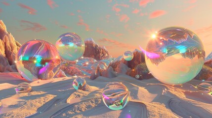 Poster - Surreal Landscape with Iridescent Spheres