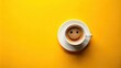 © Collection - Topdown view of a cup of coffee with a smiley face on a yellow background, coffee, cup, beverage, drink, smiley face