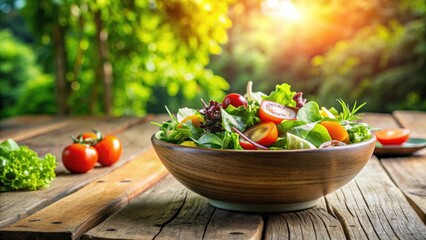 Wall Mural - Fresh garden salad in ceramic bowl on rustic wooden table with sunlit kitchen background, salad, garden, fresh