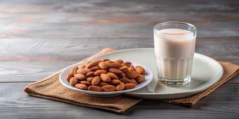 Plate of food with almonds and a glass of liquid, almonds, food, glass, liquid, plate, snack, healthy, nutrition, meal