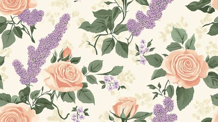 Wall Mural - A charming retro pattern with soft pink roses