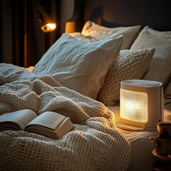 Sticker - A serene bedroom with a heater placed near the bed. The scene shows a person wrapped in a cozy blanket reading a book