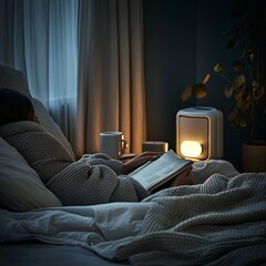 Canvas Print - A serene bedroom with a heater placed near the bed. The scene shows a person wrapped in a cozy blanket reading a book