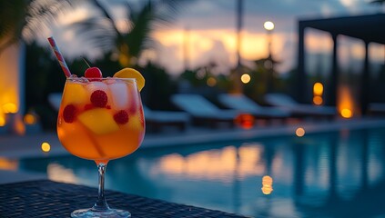 Canvas Print - A vibrant sangria with fruits and ice sits on a table by the pool at dusk.