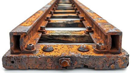 of a rusty railway track with wooden sleepers isolated on white