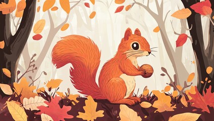 Poster - Autumn Squirrel Gathering Nuts