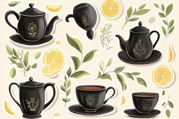 Canvas Print - Classic Black Tea: Stickers featuring elegant teapots, cups, and saucers