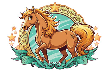 Wall Mural - A Cartoon Horse With Gold Stars in a Green and Gold Frame