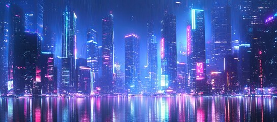 Wall Mural - Panoramic view of a futuristic city with neon lights