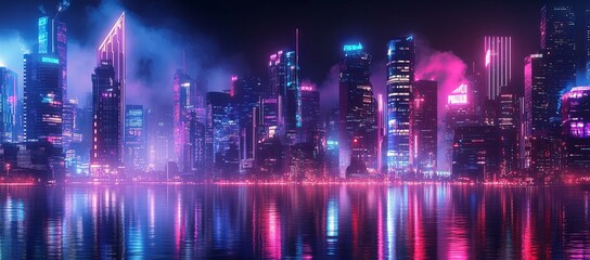 Wall Mural - Panoramic view of a futuristic city with neon lights