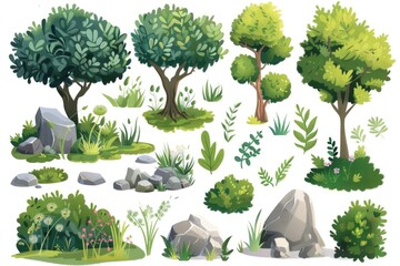 Wall Mural - A whimsical illustration of cartoon trees and bushes in a playful arrangement