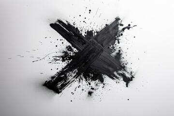 Wall Mural - A simple cross made from black paint on a white background, ideal for uses such as art projects or spiritual symbolizing