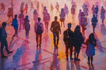 Canvas Print - Silhouettes of People Connected by Light in an Urban Setting