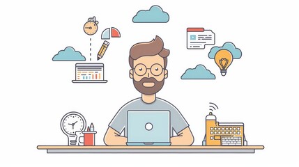 Cartoon vector developer coding on a laptop with cloud integration tools