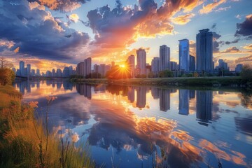 Poster - A serene sunset over a skyline of buildings reflecting in a calm river, AI generated