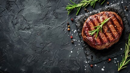 Grilled beef fillet steak on rustic background with space for text