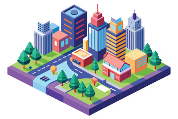 Isometric Cityscape with Buildings, Trees, and Roads