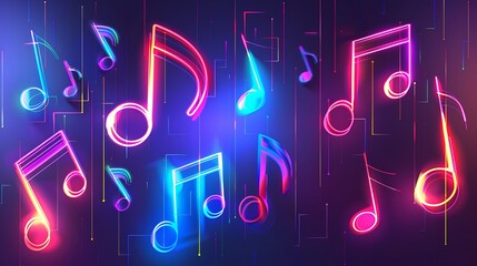 Wall Mural - Digital illustration of neon music notes with vibrant and bright colors, glowing in the dark.