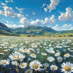 Canvas Print - Sunlit Meadow with Daisies and Mountains