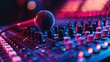 © improvee design - Close up of a microphone on top of an audio mixer, the setting is a performance venue with red and blue lights.