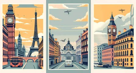 Canvas Print - Set of three posters with different graphic elements for a travel company. The illustrations are in a retro style on a white background