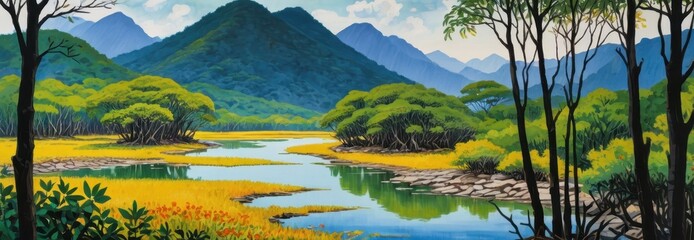 Serene Mountain River Landscape Painting.