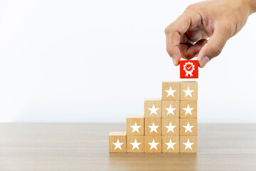 Poster - Hand choose wooden block stack with best service and smile face icon for best excellent customer service satisfaction survey feedback for business review rating or finance marketing poll or comment.